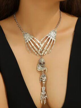 Halloween Gothic Steam Punk Vintage Style Hands Holding Skulls Necklace